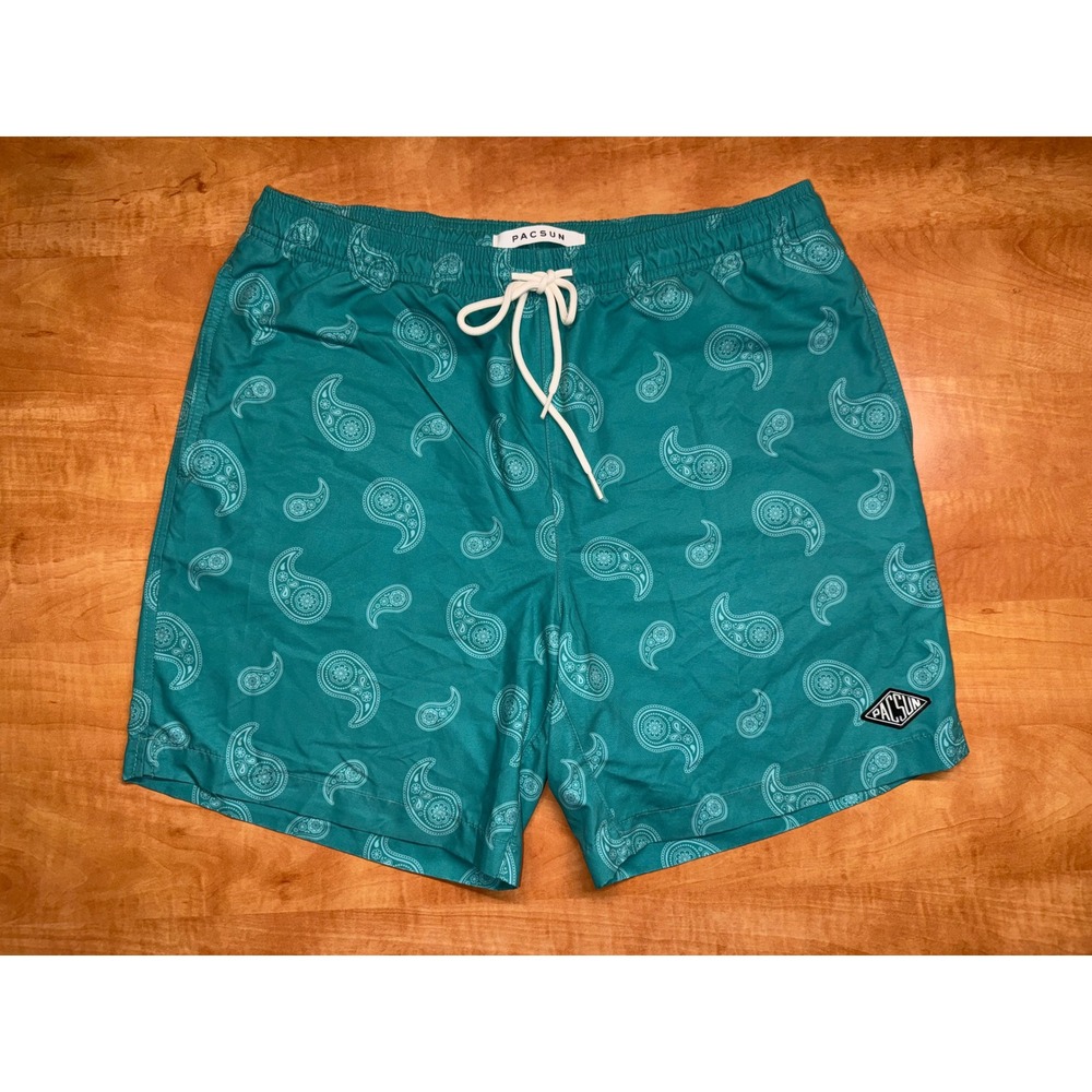 PacSun Mens Paisley Swim Trunks Teal‎ Green Mesh Lined Board Shorts Medium